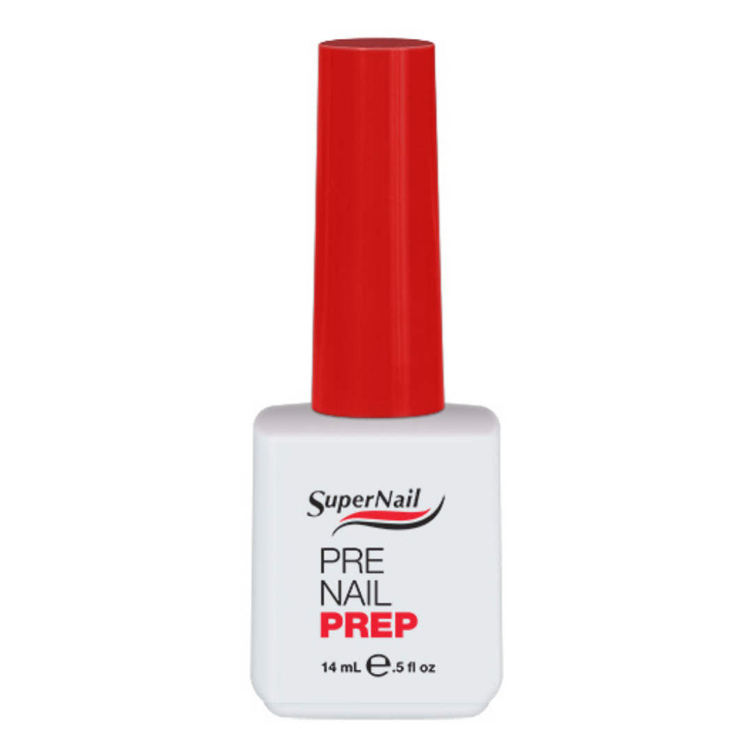 A bottle of SuperNail Pre Nail Prep gel nail polish in a white rectangular bottle with a bright red cap, shown against a plain white background.