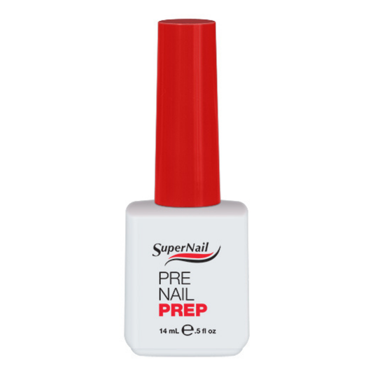 A bottle of SuperNail Pre Nail Prep gel nail polish in a white rectangular bottle with a bright red cap, shown against a plain white background.