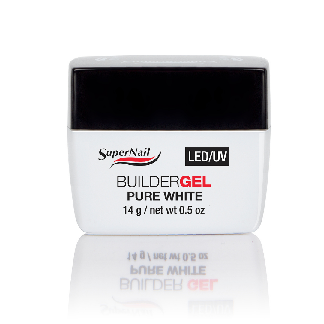 A white plastic jar of SuperNail Builder Gel Pure White nail polish with a black lid, displayed on a reflective white surface.