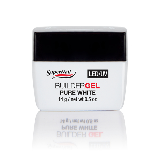 A white plastic jar of SuperNail Builder Gel Pure White nail polish with a black lid, displayed on a reflective white surface.