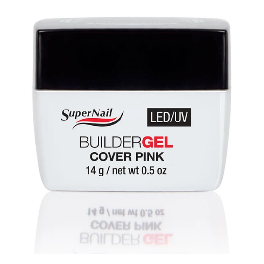 A white plastic jar of SuperNail BuilderGel Cover Pink with a black lid, displayed on a clean white background with a soft reflection below.