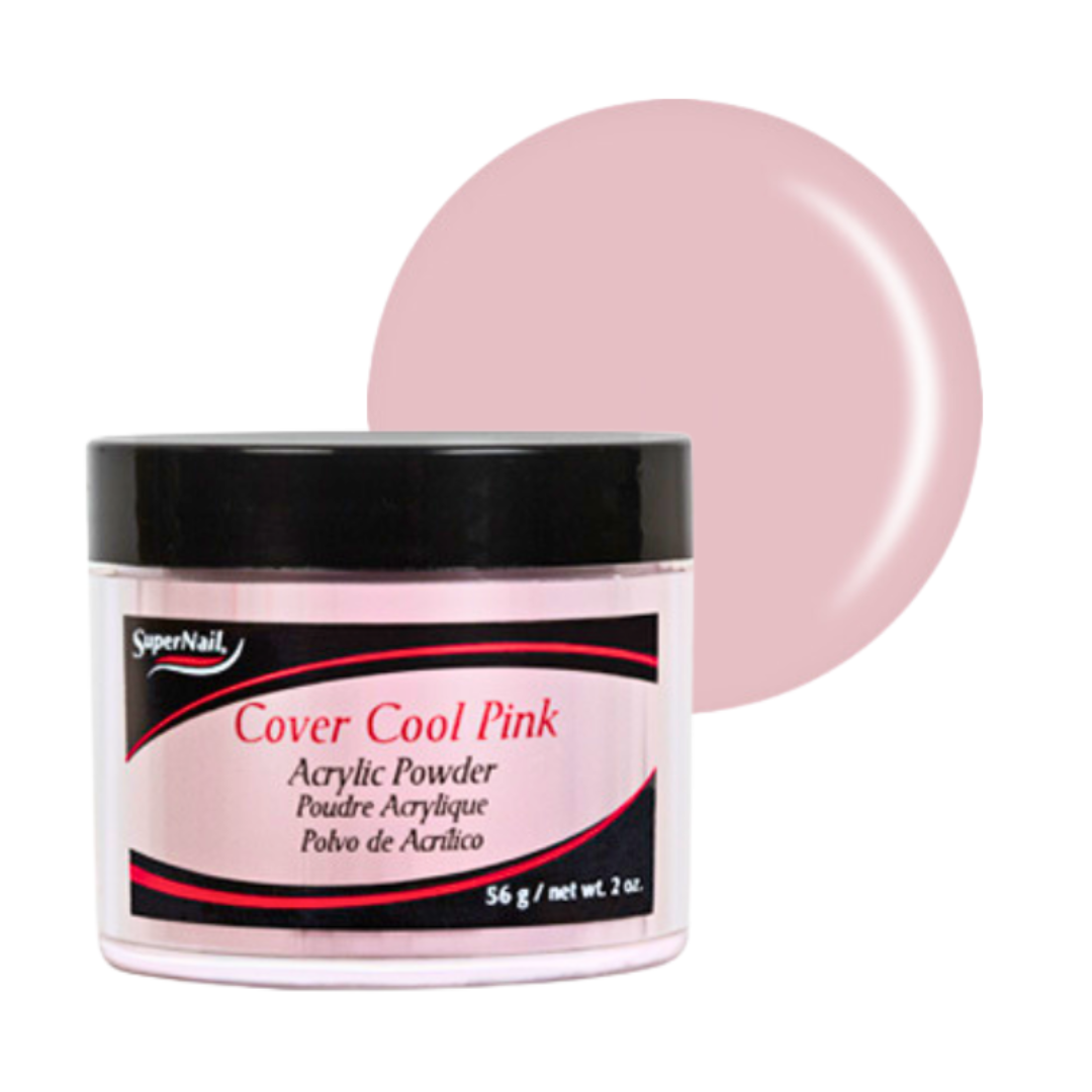 A container of Supernail Cover Acrylic Powder in a pink label, indicating the product is used for acrylic nails.