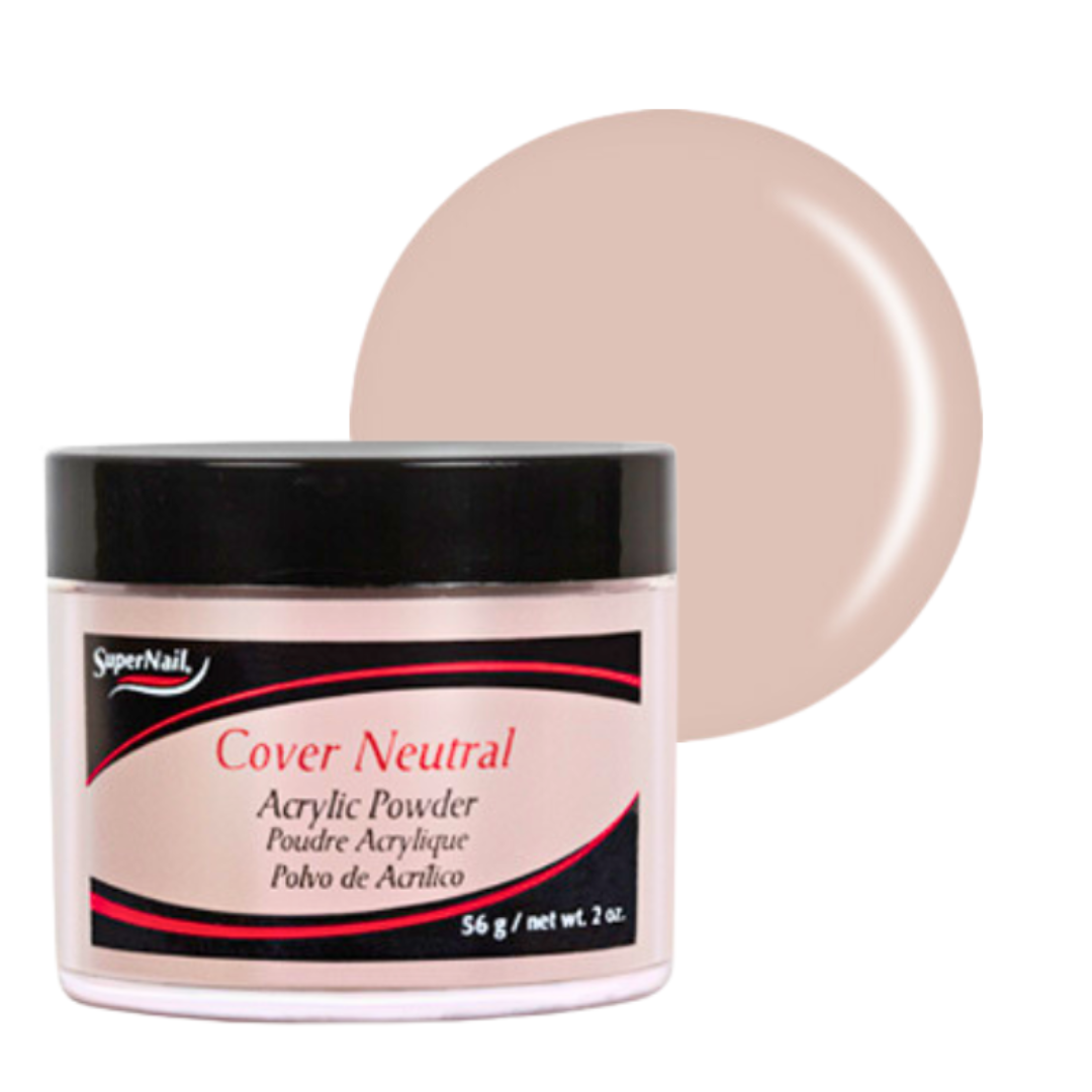 A jar of SuperNail Cover Neutral acrylic powder with a black lid and a beige swatch circle behind it on a white background.