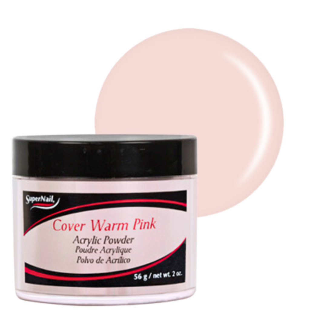 A jar of SuperNail Cover Warm acrylic powder with a black lid and a beige swatch circle behind it on a white background.