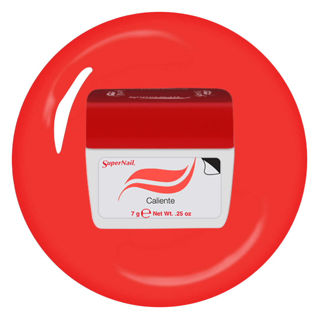 A jar of SuperNail Calente nail gel with a red lid and white label, centered on a vibrant red circular background.