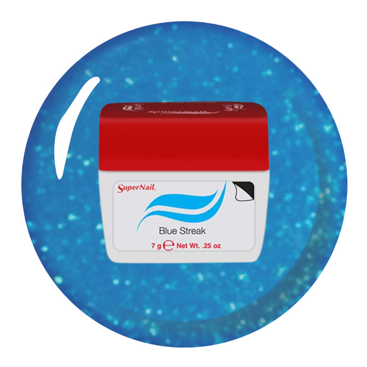 A jar of SuperNail Blue Streak nail gel shown against a blue glittery circular background. The product container is white with a red lid and features the SuperNail brand logo and 'Blue Streak' text.