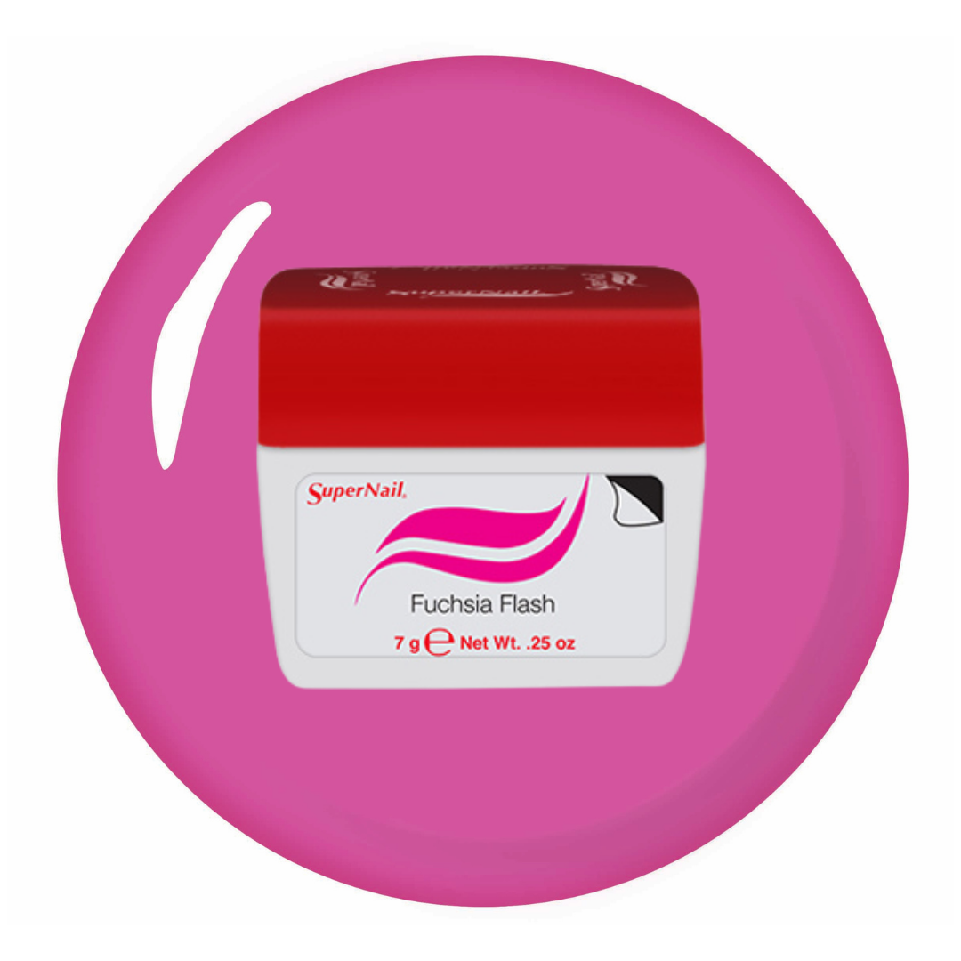 SuperNail Fuchsia Flash nail polish gel in a 7g jar, featuring a vibrant fuchsia pink circular background and a red and white container.