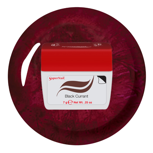 SuperNail Black Currant nail gel in a white and red plastic jar, set against a circular dark burgundy background on a white studio backdrop.