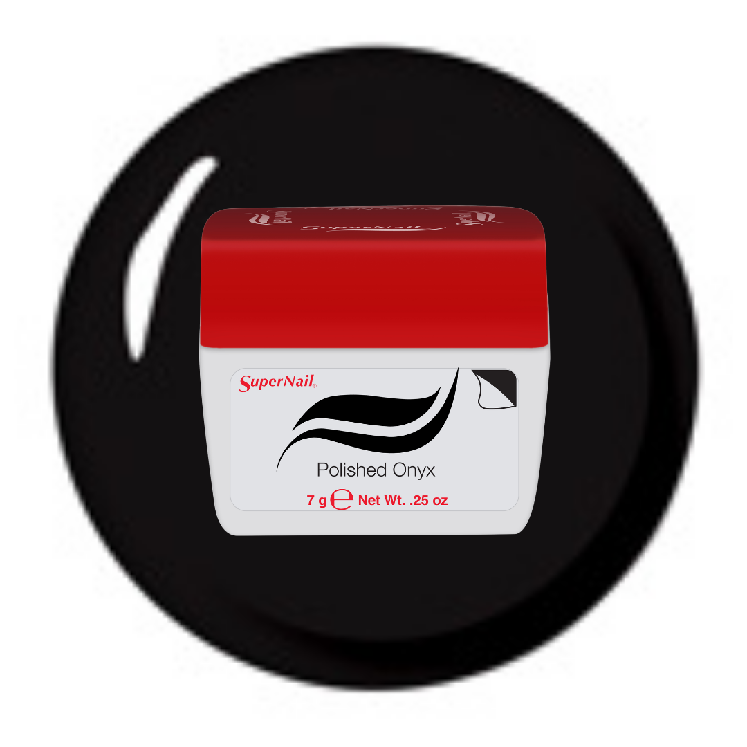 A jar of SuperNail Polished Onyx nail polish gel featuring a white container with a red lid, set against a black circular background on a white studio backdrop.
