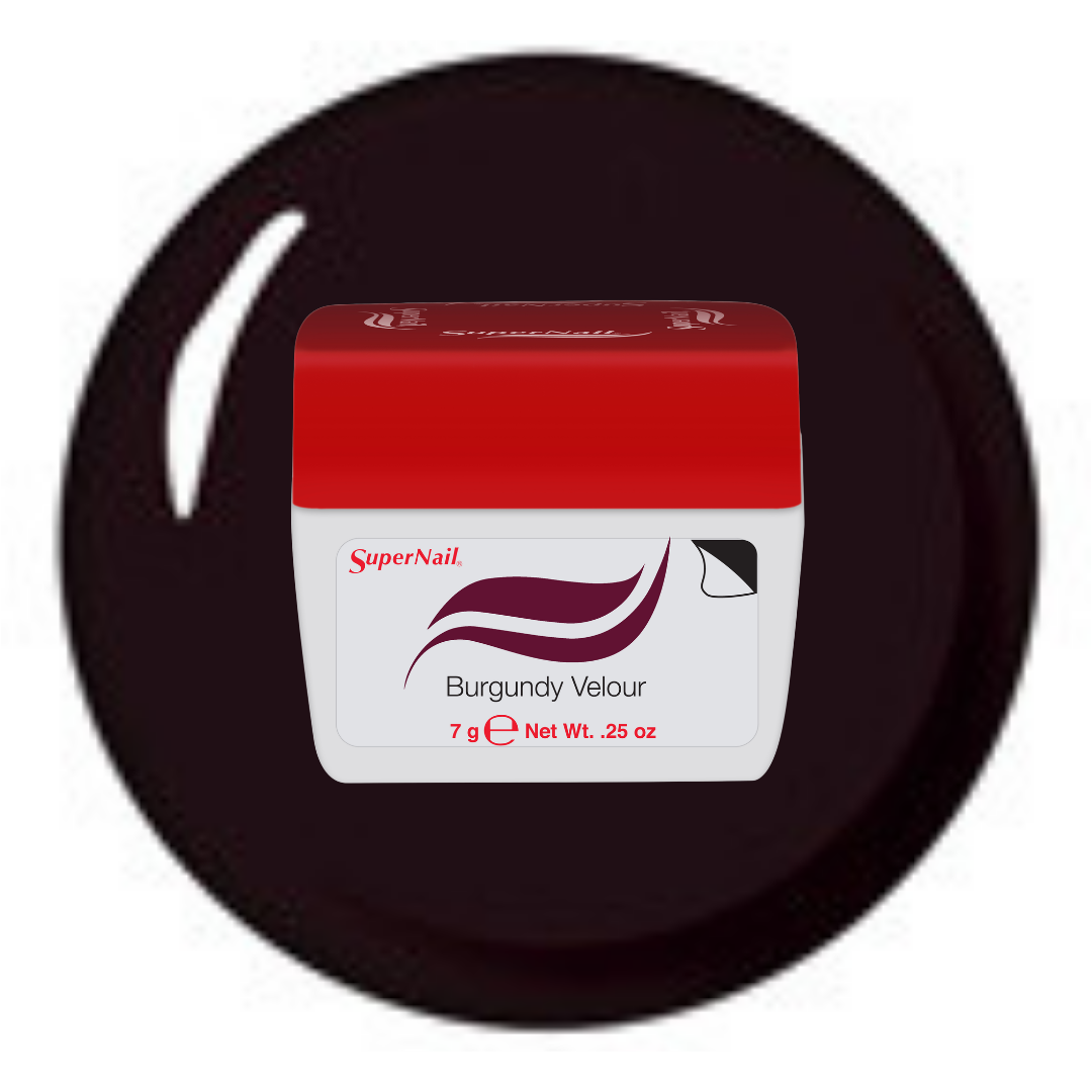 A jar of SuperNail Burgundy Velour nail gel shown against a dark burgundy circular background on a white canvas. The product container has a red lid and a white body with the brand name 'SuperNail' and shade name 'Burgundy Velour' printed on the front.