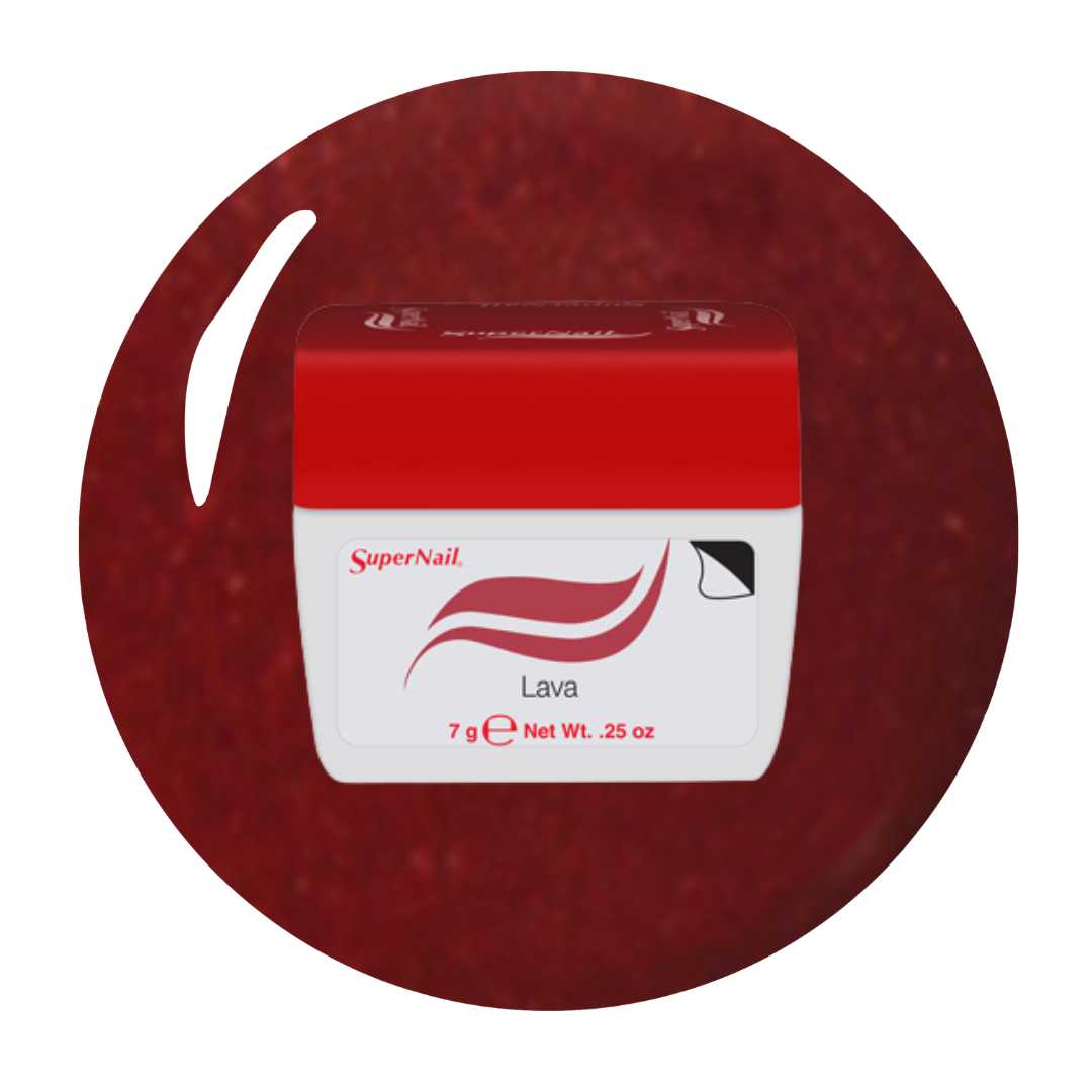 SuperNail Lava acrylic nail polish gel in a red shade, shown in its white and red plastic container against a solid red circular background.
