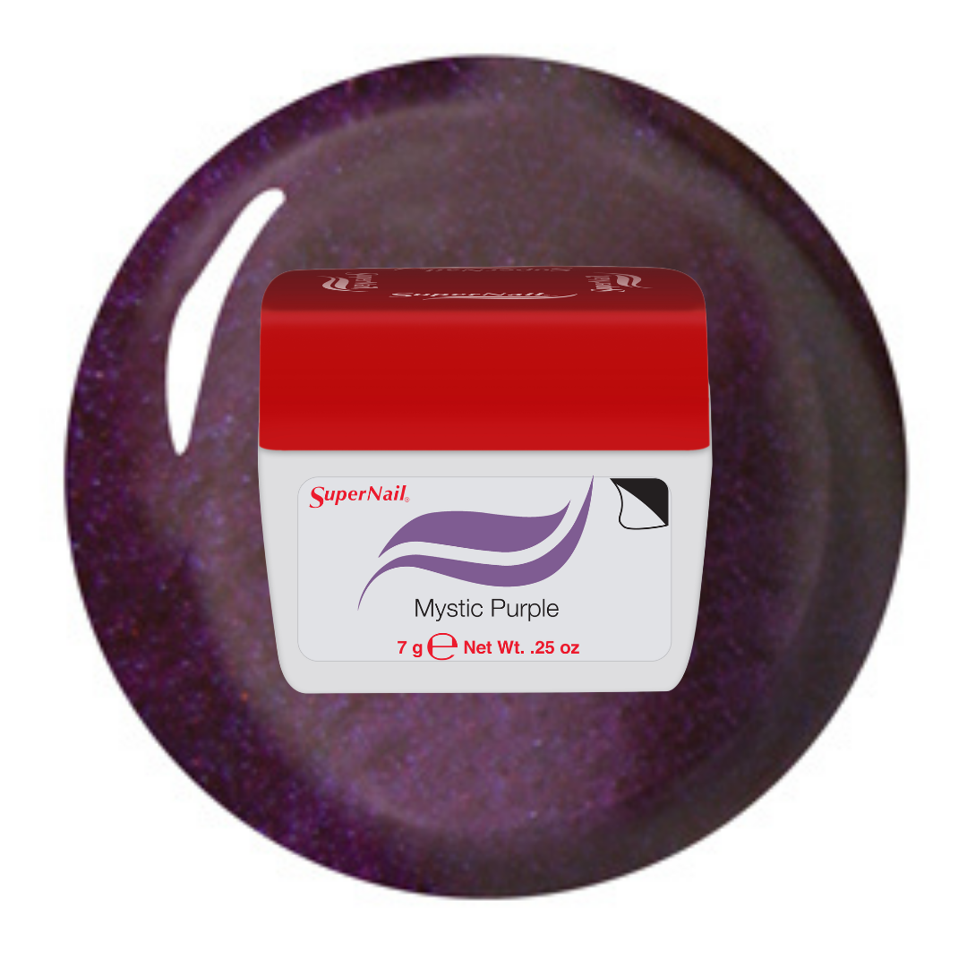 SuperNail Mystic Purple nail polish gel jar with a red lid and white label, set against a circular swatch of the deep purple glitter polish on a white background.