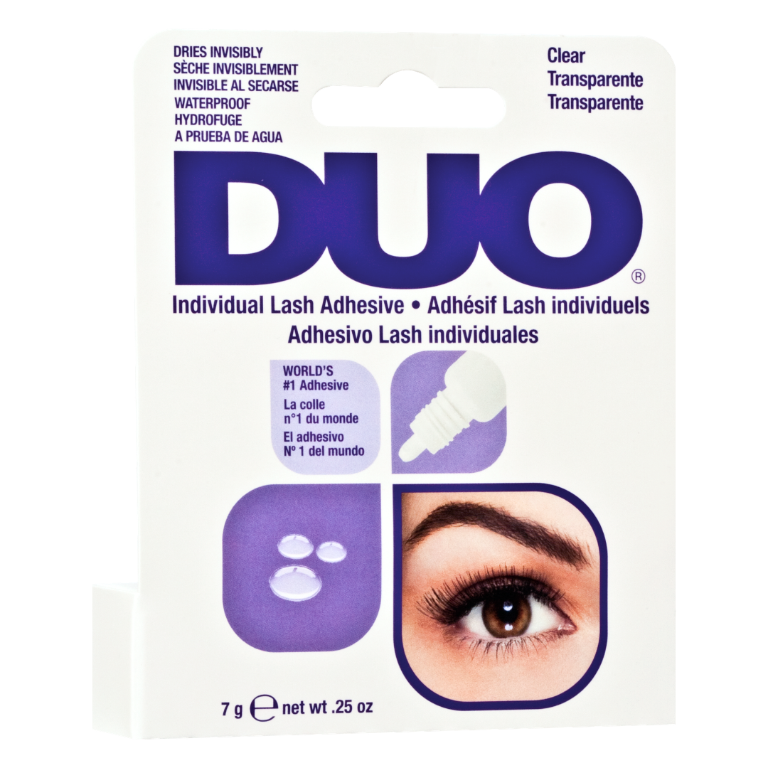 DUO Individual Lash Adhesive retail packaging, featuring a white card with purple text and graphics, including the DUO logo, product details, and a close-up of an eye.