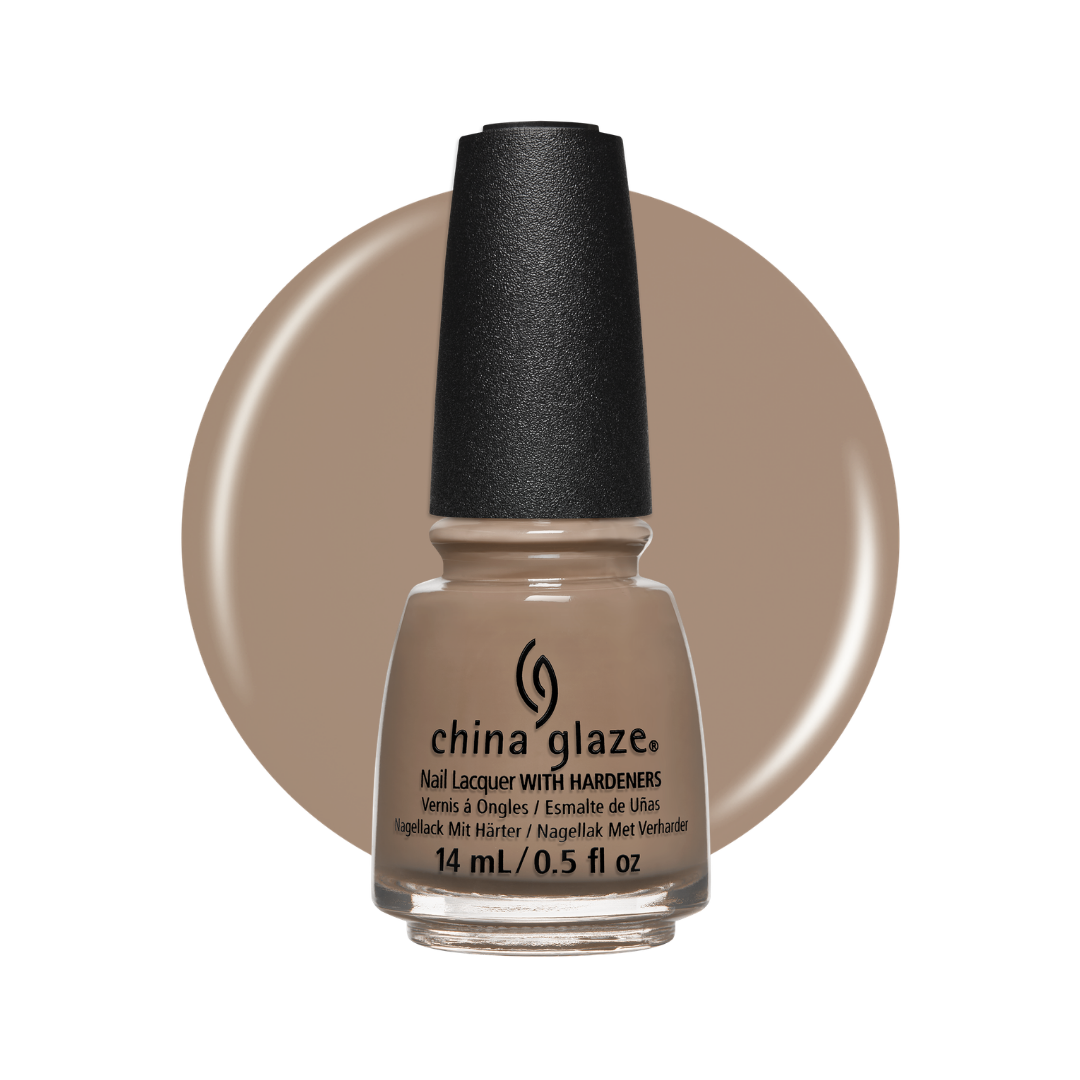 A bottle of China Glaze nail polish with hardeners in a warm taupe-beige shade, shown against a matching circular color swatch on a white background.