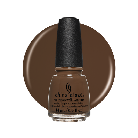A bottle of China Glaze nail polish with hardeners in a medium warm brown shade, shown in front of a matching brown circular color swatch on a white background.