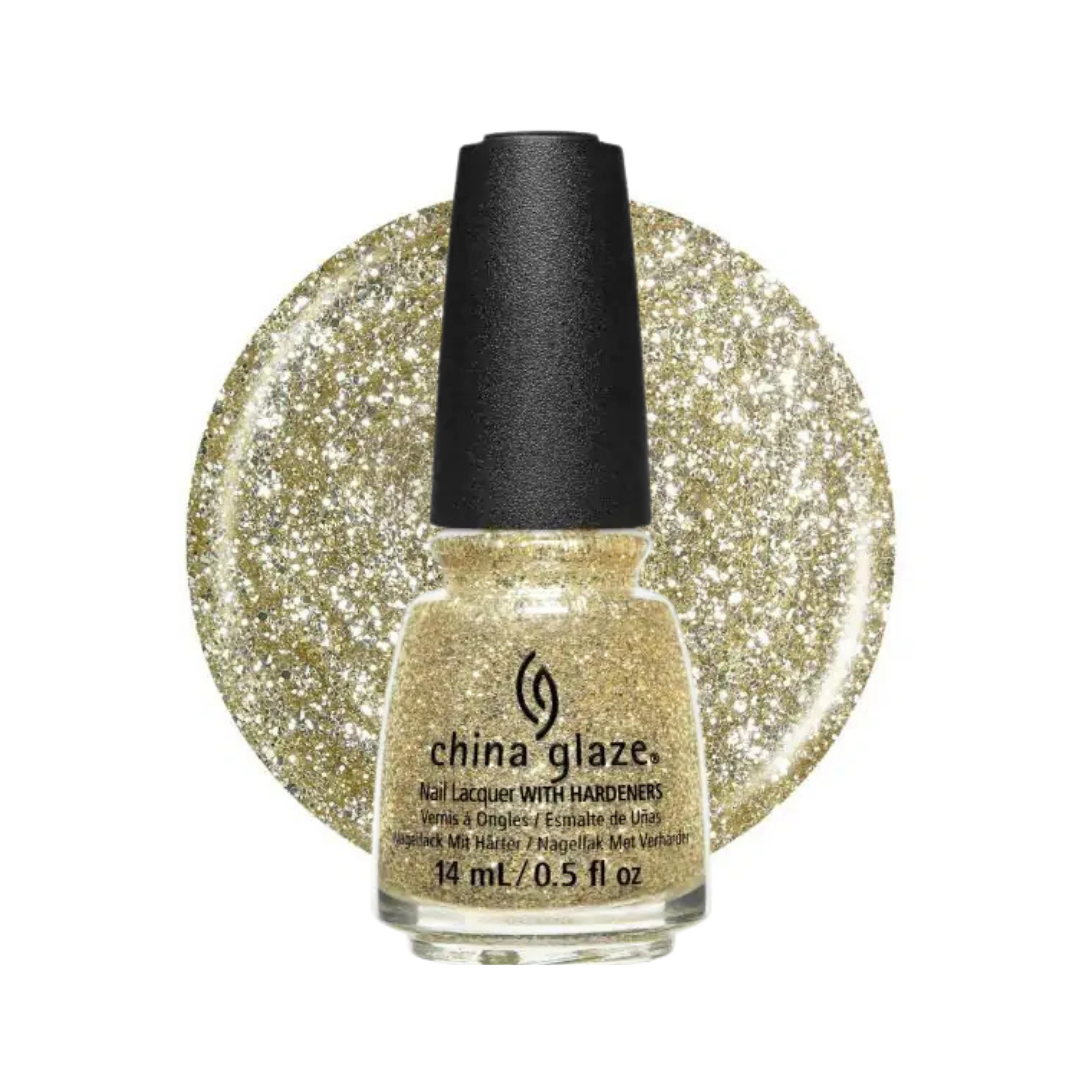 A bottle of China Glaze nail lacquer with hardeners in a sparkling gold shade, shown in front of a circular glitter swatch of the same color on a white background.