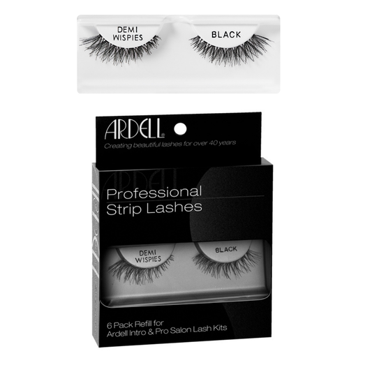 Ardell Professional Strip Lashes in black, shown in both the individual pair packaging at the top and the 6-pack refill box below.