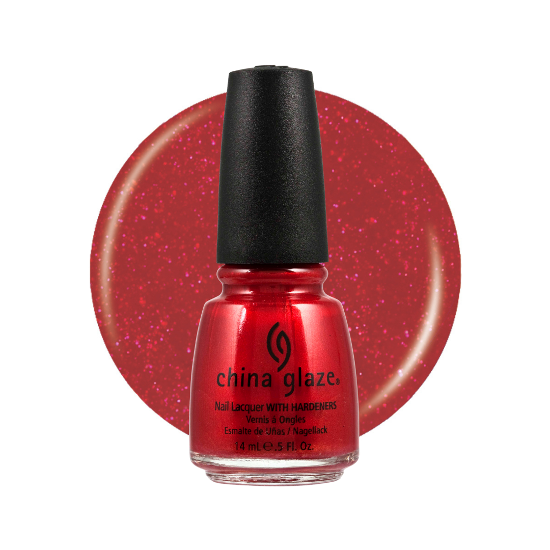 A bottle of China Glaze nail lacquer with a black cap, shown in front of a circular red glitter swatch on a white background.