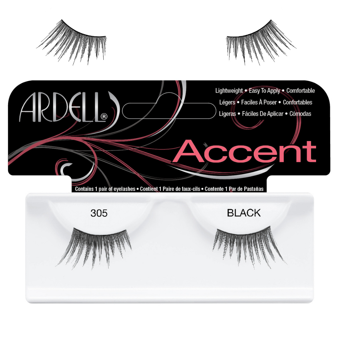 Ardell Accent 305 Black false eyelashes shown with their black and white retail packaging box on a white background.