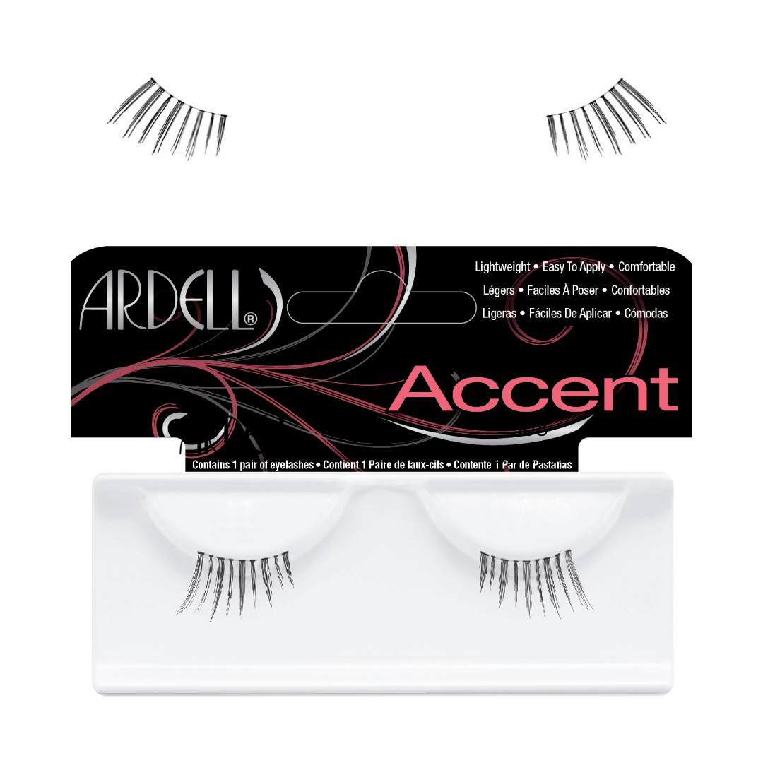 Ardell Accent false eyelashes shown with the retail packaging on a white background. The set includes a black and pink Ardell box, two pairs of black false eyelashes displayed above, and the lashes seated in a white plastic tray below.