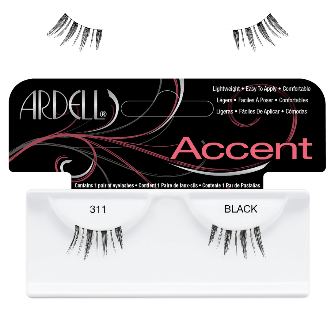 A pair of Ardell Accent 311 black false eyelashes shown with their black and pink retail packaging card, and a second pair of loose lashes above the package.