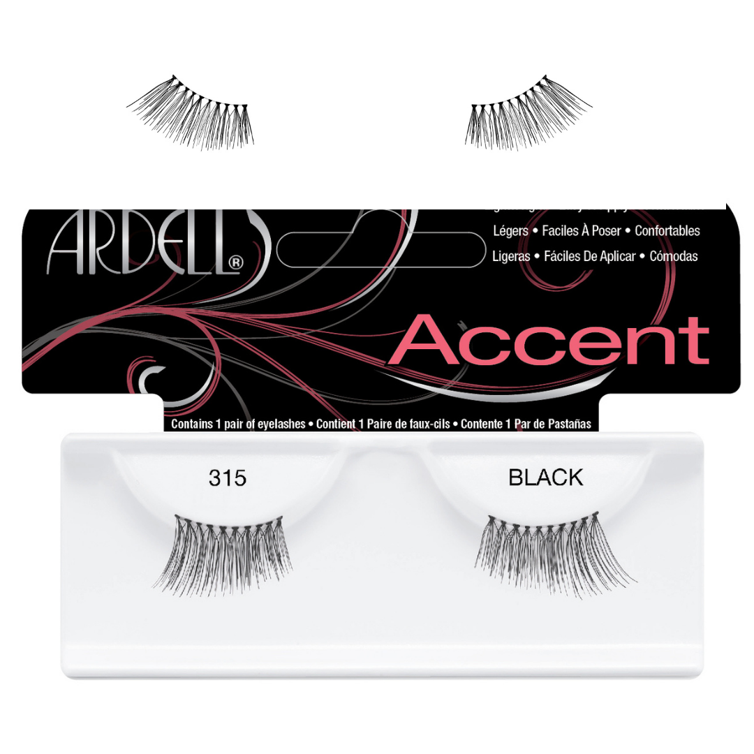 Ardel Accent false eyelashes in shade 315 Black, shown with the black retail box and the white lash tray containing two pairs of lashes on a white background.