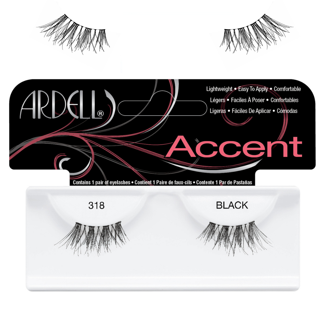 A pair of Ardell Accent false eyelashes in shade 318 black, shown with their black and pink retail packaging and two loose lash clusters above the box on a white background.