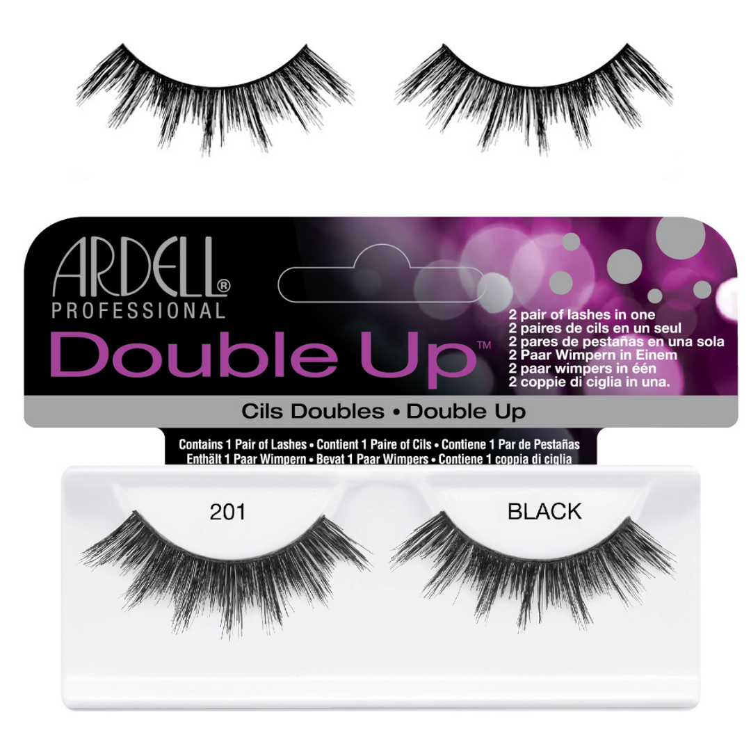 Ardell Professional Double Up false eyelashes shown in two pairs above the retail packaging, with the lower lash strip labeled 201 and BLACK on a white card against a light gray background.