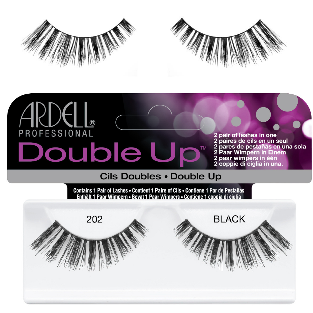 Ardell Professional Double Up black cils double eyelash adhesive lashes shown with the retail packaging and the lashes applied on a white display card.