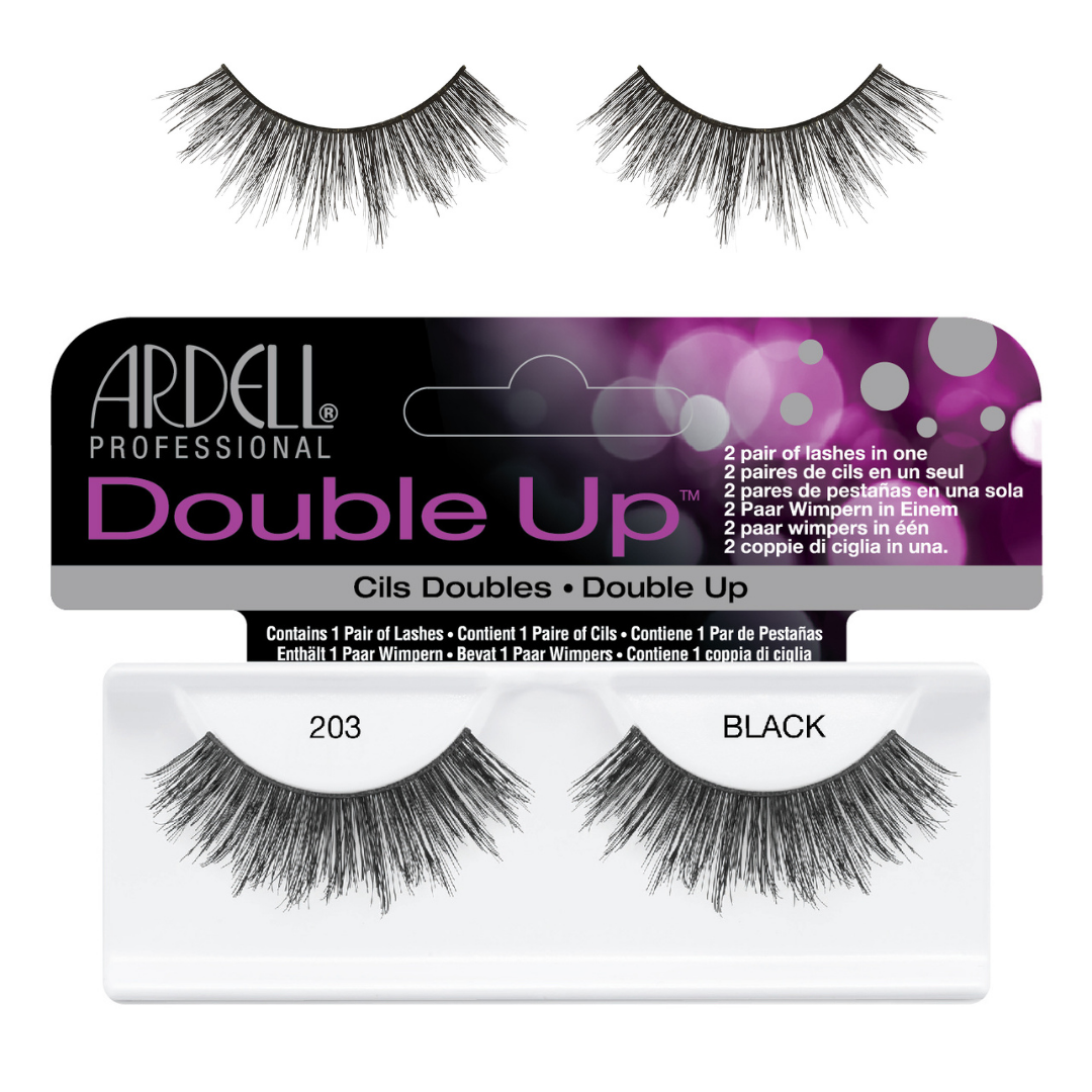 Ardell Professional Double Up false strip eyelashes shown in their retail packaging, with two pairs of black lashes displayed above the card and the open tray of lashes labeled 203 BLACK below.