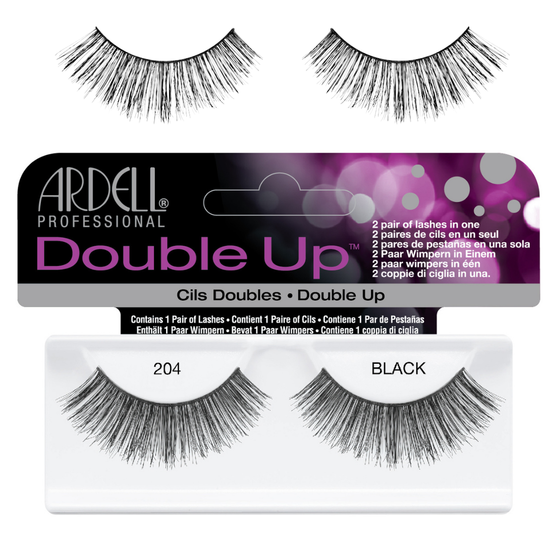 Ardell Professional Double Up strip false eyelashes shown in two pairs above their retail packaging, with the label indicating color 204 BLACK.