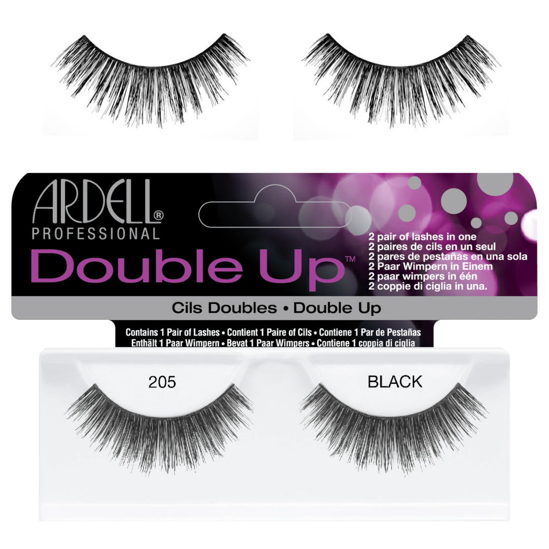 Ardell Professional Double Up strip false eyelashes in black, shown with the retail packaging and two individual lash pairs on a white background.
