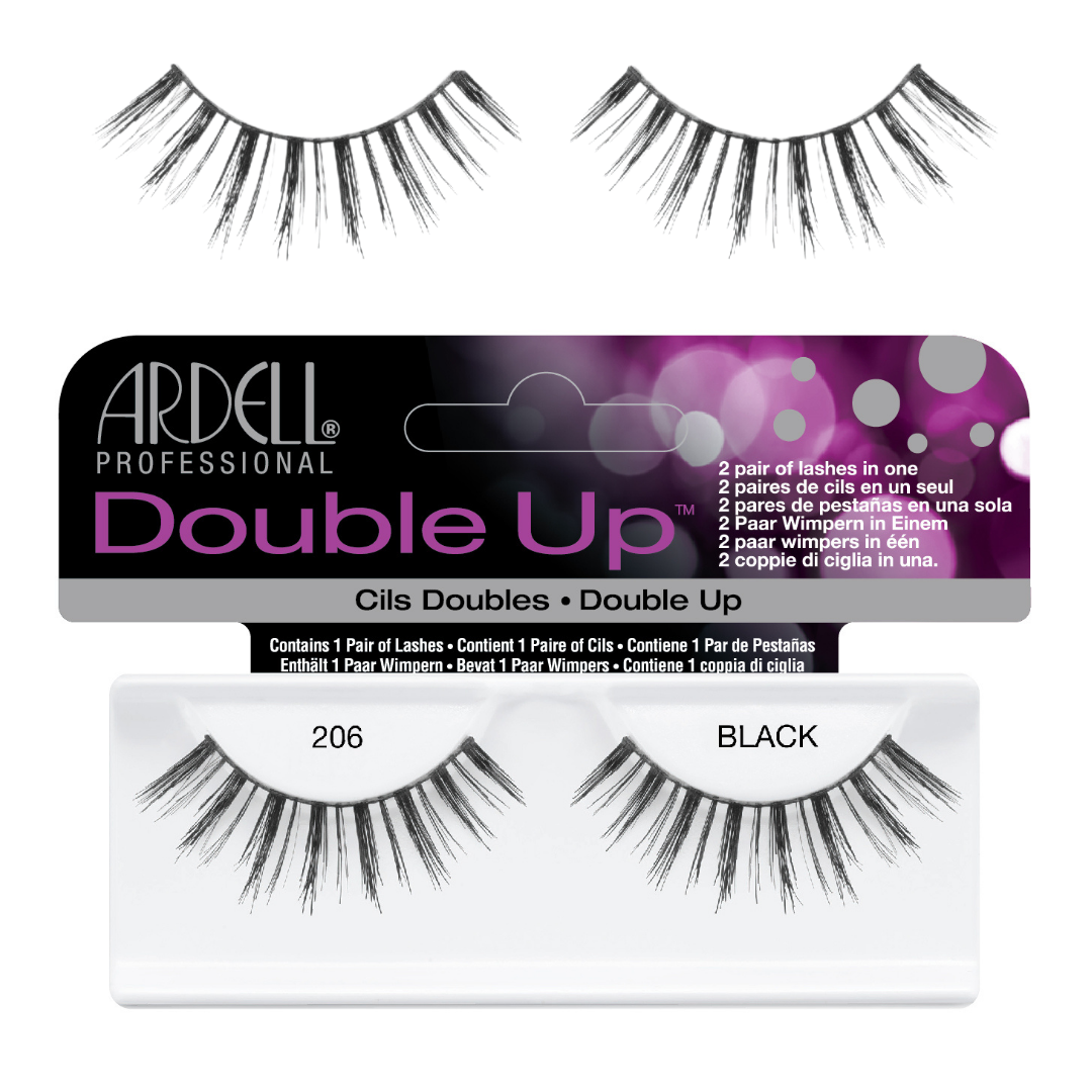 Ardell Professional Double Up black false strip eyelashes shown in two pairs above their retail packaging, with the package labeled 'Double Up' and 'BLACK'.