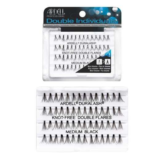 Two packages of Ardell Duralash Knot-Free Double Flares false eyelashes in medium black, shown on a plain white background. The top package contains four pairs in a clear blister pack with a black and blue header card, and the bottom package shows the lashes laid out flat in a white tray.