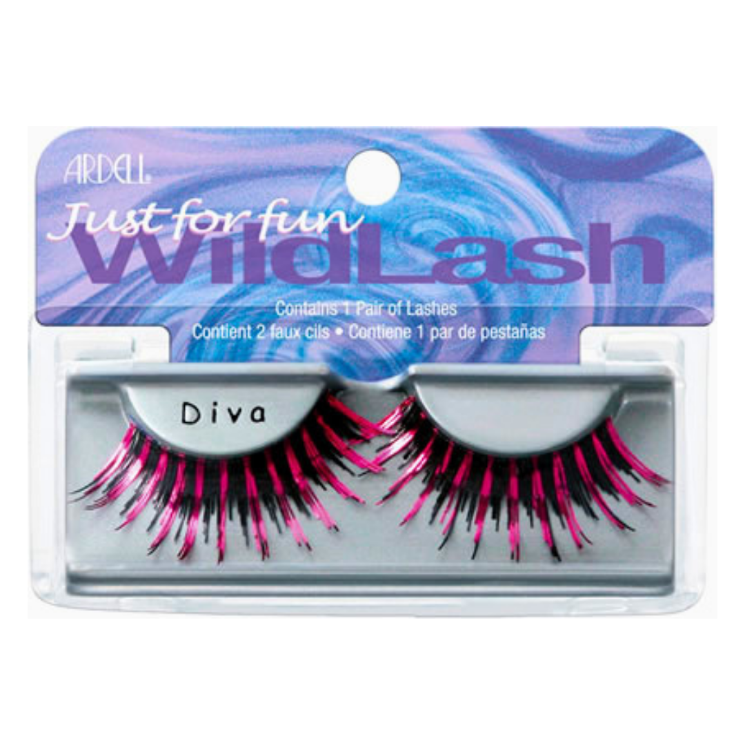 Ardell WildLash 'Diva' false pink strip eyelashes in a clear plastic clamshell package with a purple and blue header card.