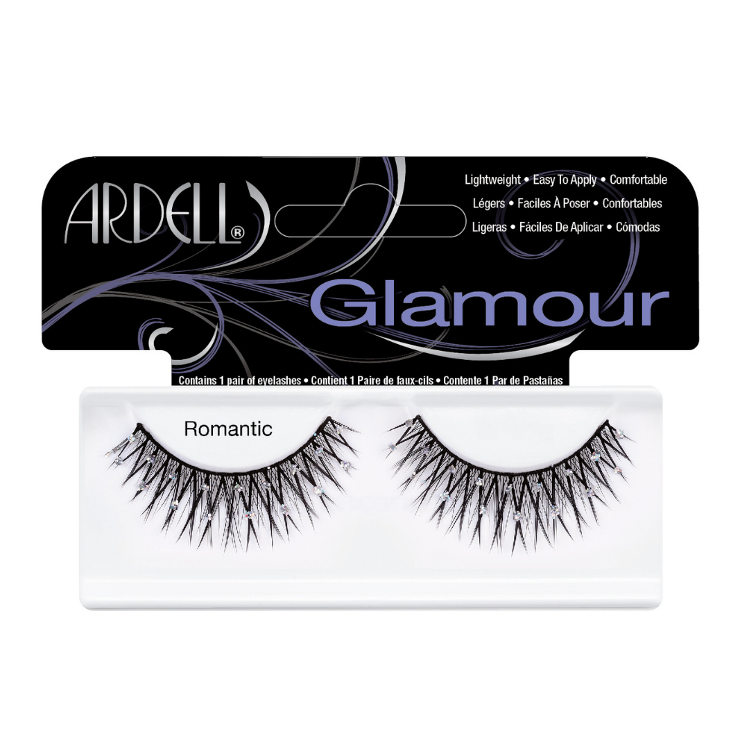 Ardell Glamour false strip eyelashes in the 'Romantic' style, shown with their black and purple retail packaging card on a plain white background.