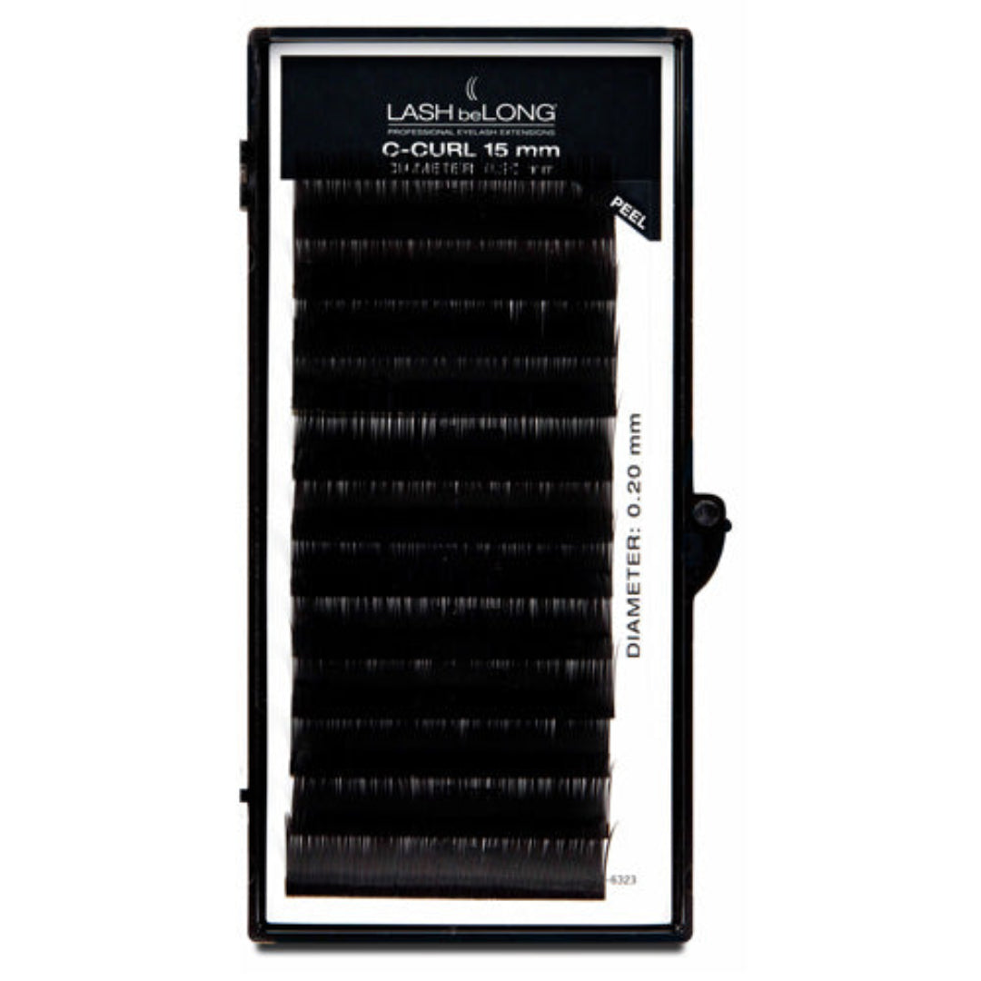 A set of black semi-permanent eyelash extensions in a case, with the brand 'Lash beLong' and the product name 'C-Curl' clearly displayed.