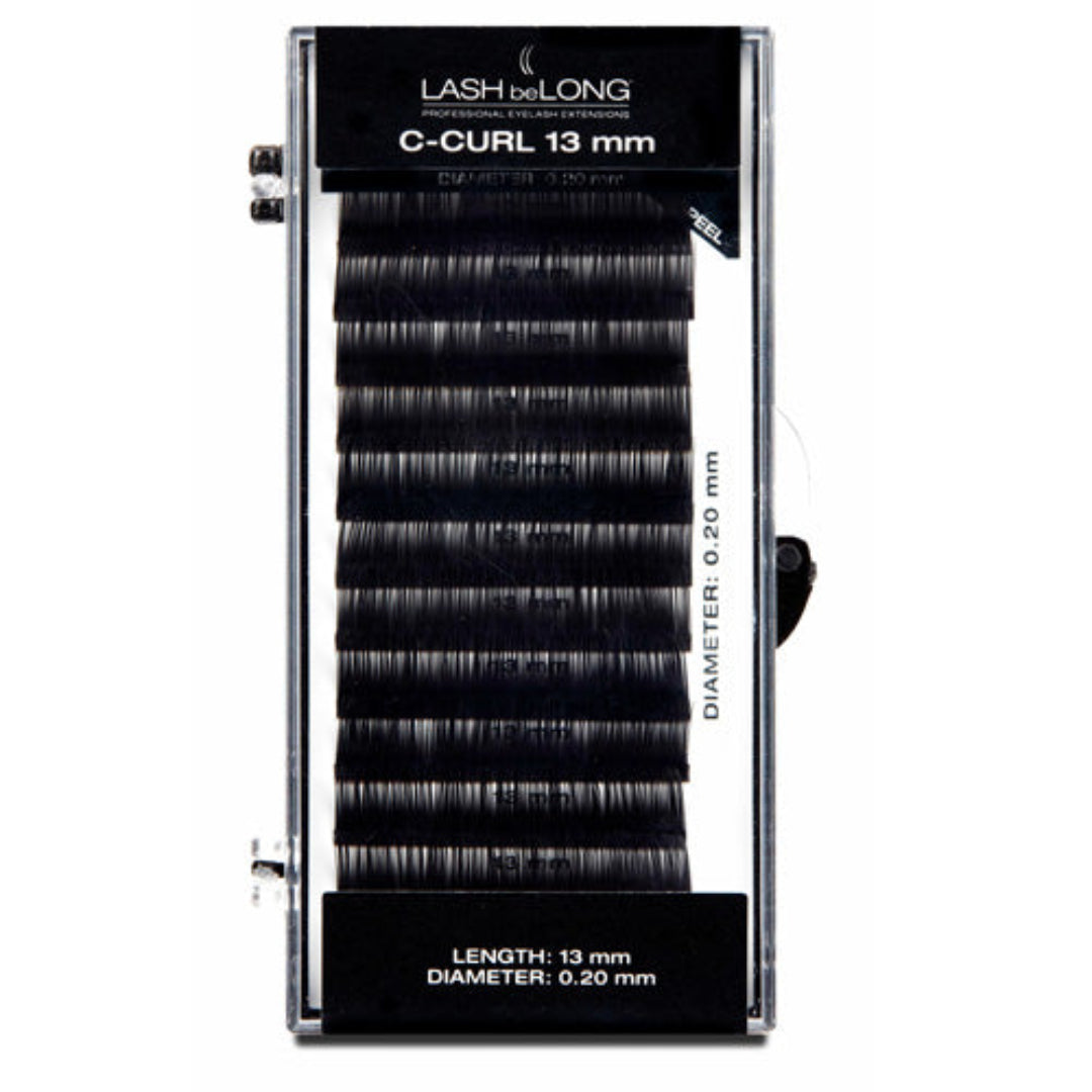 A set of Lash beLong C-Curl 13mm black eyelash extensions displayed in a clear packaging.