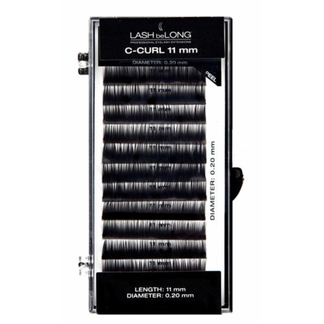 A set of black faux mink hair lashes in a clear case with the brand 'Lash-beLong' and the product name 'C-Curl 11mm' displayed on the packaging.