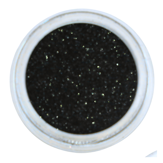 A top-down view of a round white container filled with black nail glitter powder, set against a plain white background.