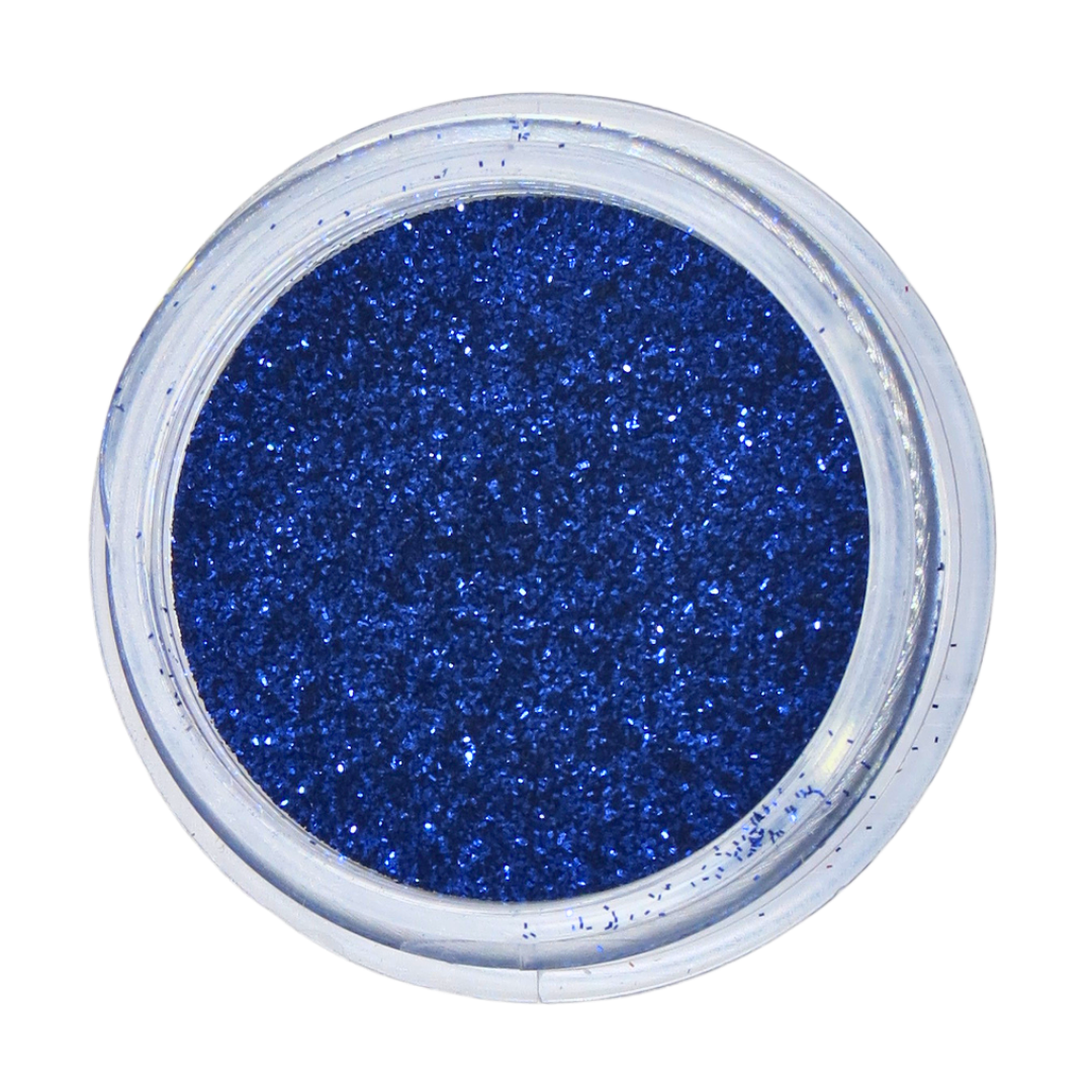 A round clear plastic jar filled with vibrant royal blue nail glitter powder, shown from a top-down view on a solid white background.