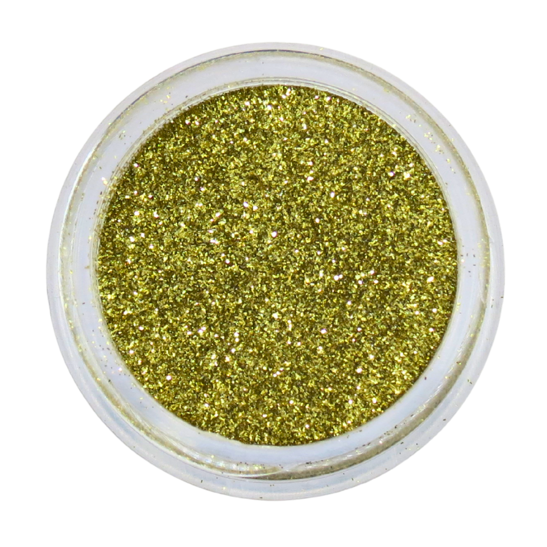 A top-down view of a small round white plastic jar filled with fine metallic gold nail glitter powder, set against a plain white background.