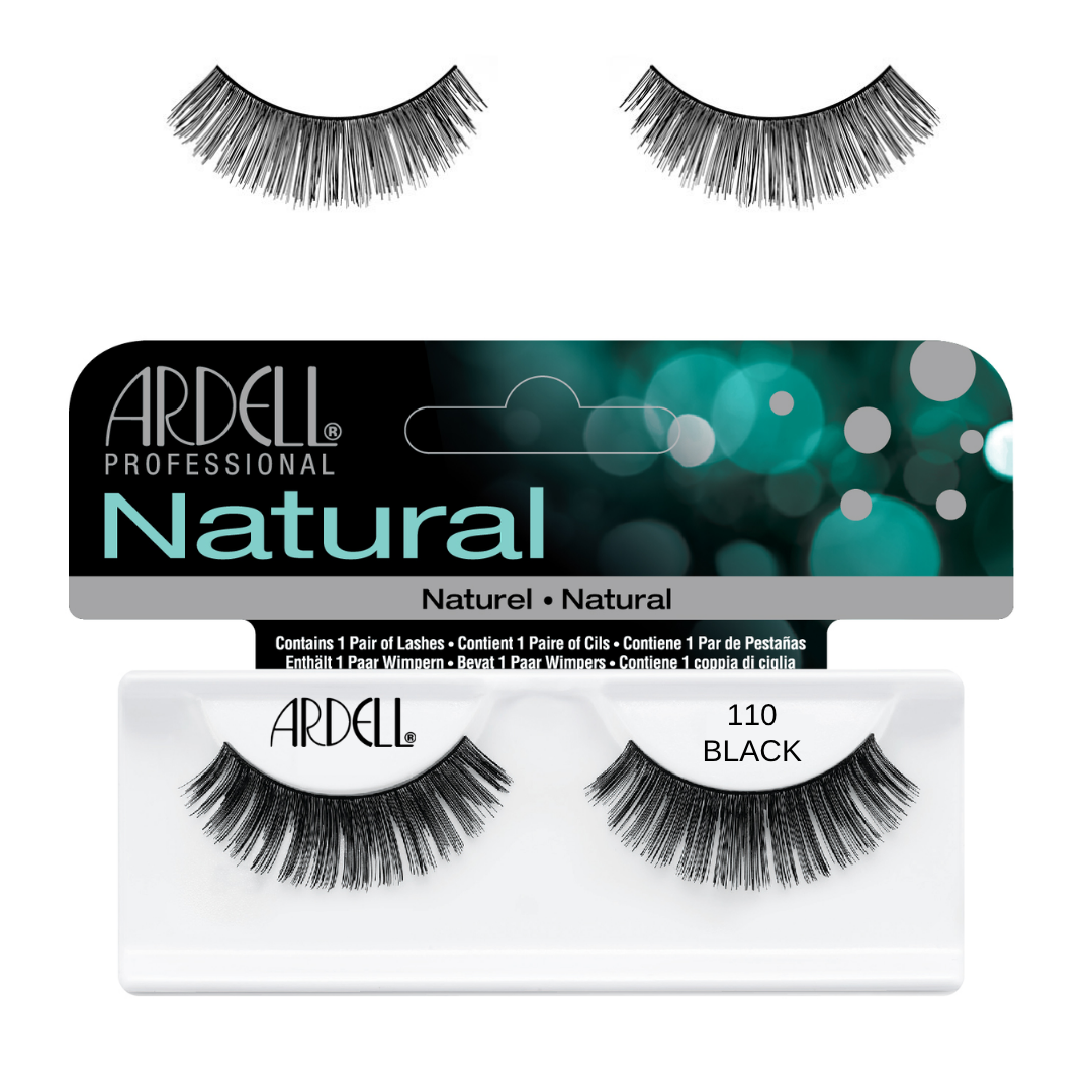 Ardell Professional Natural 110 Black false strip eyelashes shown in their retail packaging, with two pairs of lashes displayed above the box on a white background.