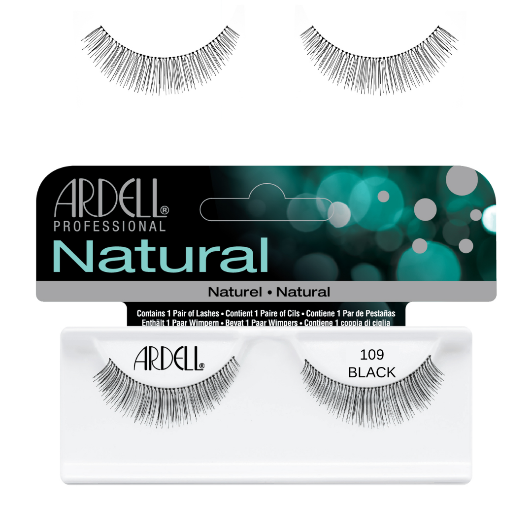 Ardell Professional Natural black false strip eyelashes shown with the retail packaging and two loose lash clusters above on a white background.