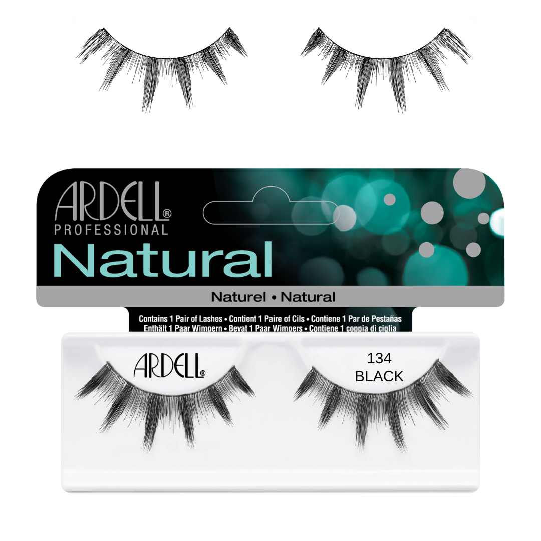 Ardell Professional Natural false strip eyelashes in shade 134 Black, shown with the retail packaging and two loose lash pairs on a white background.