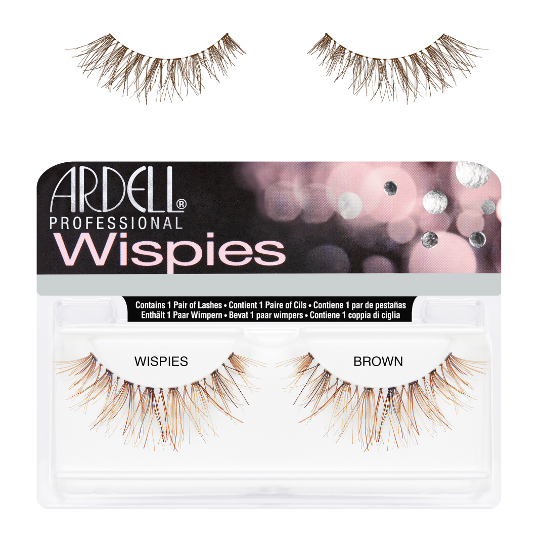 Ardell Professional Wispies Brown false strip eyelashes shown in their retail packaging, with two loose lash pairs displayed above the box on a white background.