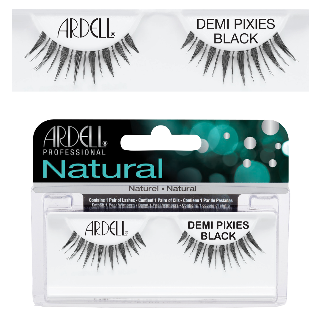 Ardell Professional Natural Demi Pixies Black false strip eyelashes shown in their retail packaging, with a smaller top view of the lashes above the main package.