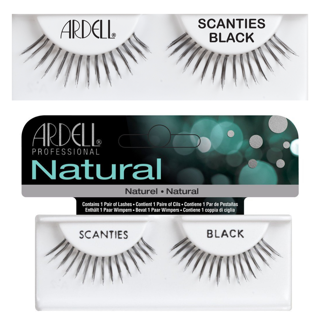 Ardell Professional Natural Scanties Black false strip eyelashes shown in three views: packaged on the top, on the middle retail card, and unpackaged on the bottom against a white background.