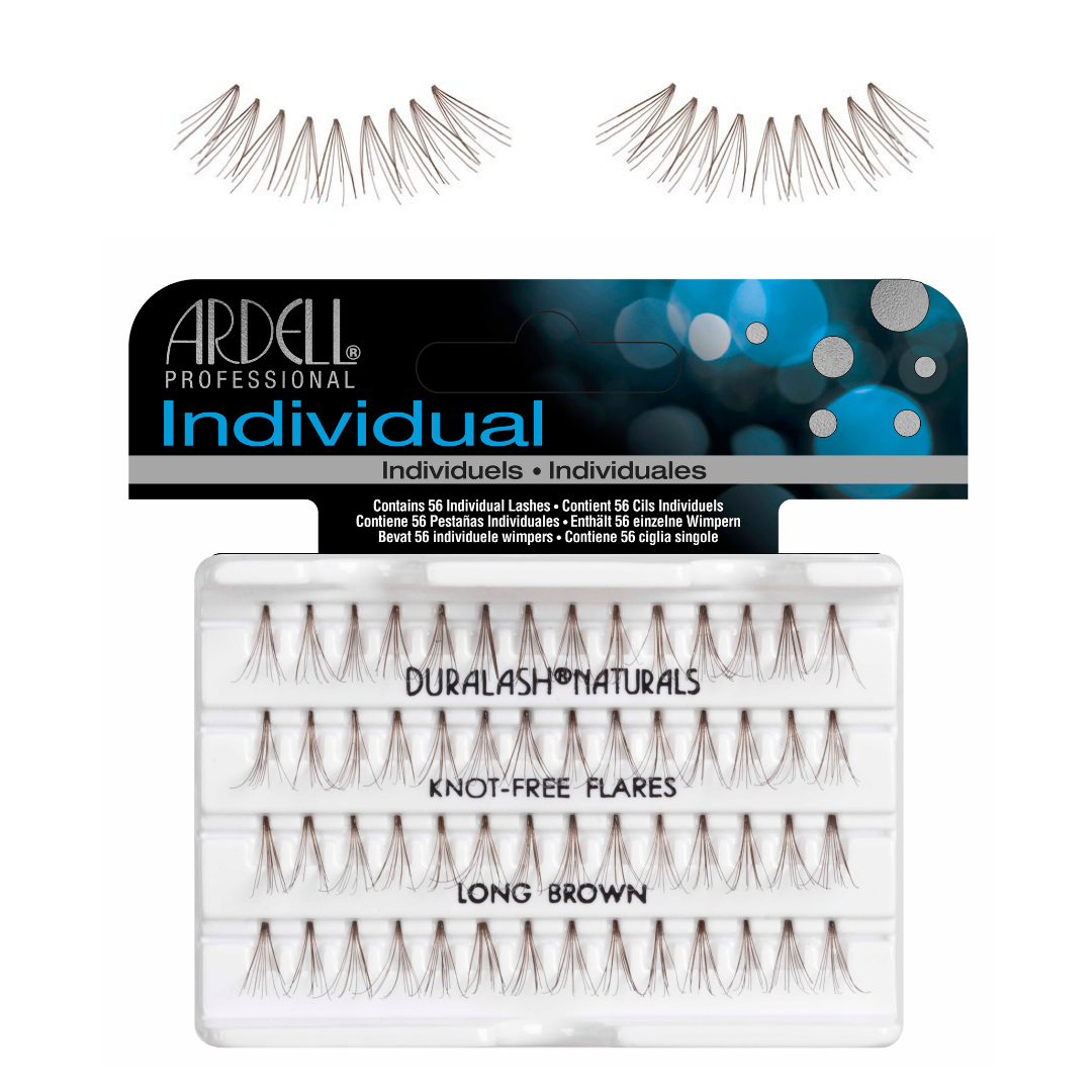 Ardell Professional Individual Long Brown false eyelashes in a clear plastic tray with a black and blue header card, shown with two loose lash clusters above the packaged product on a white background.