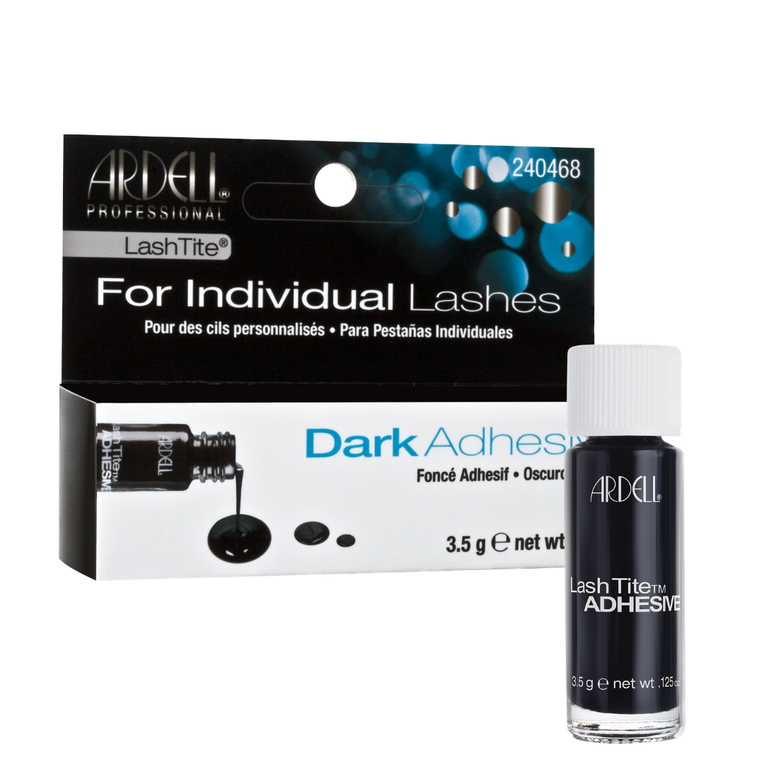 A bottle of Ardell Professional LashTite Dark Adhesive next to its retail packaging box on a plain white background.